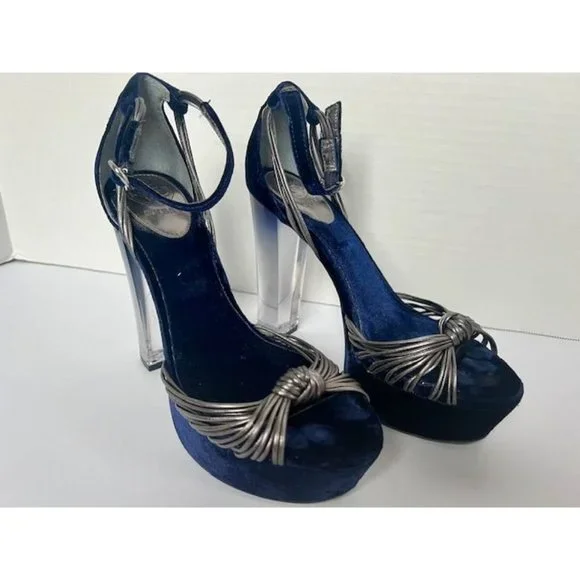 GUESS Peakabo Platform Open Toe Blue Velvet Suede & Pewter Shoes 7 M - Picture 1 of 8